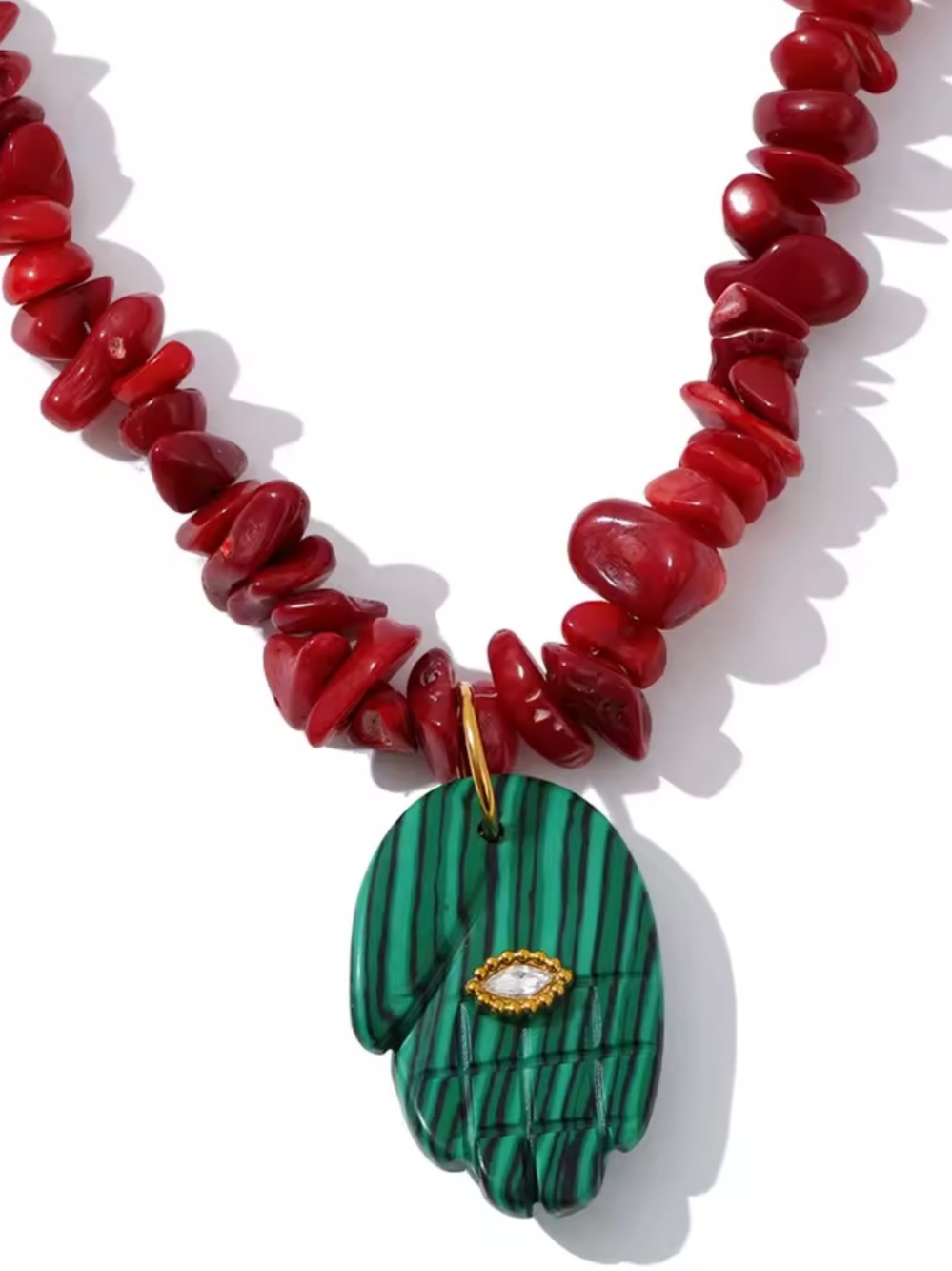 Artisan Red Coral Hamsa Green Malachite Pendant Necklace